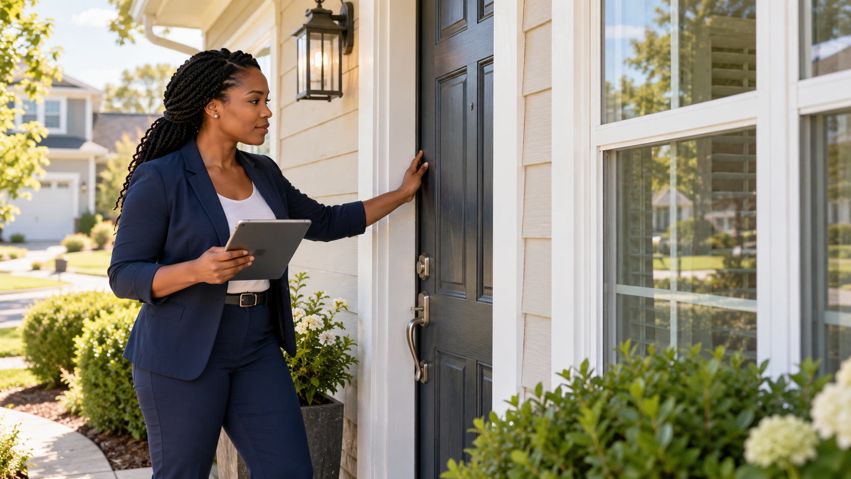 Property care professional reviewing a home exterior with a tablet